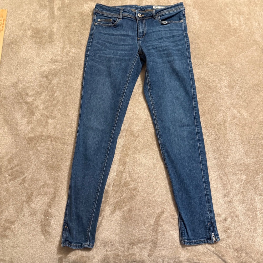 Zara Basic Z1975 Mid Rise Skinny Jeans Blue Ankle Zip Denim Womens Size 6 38